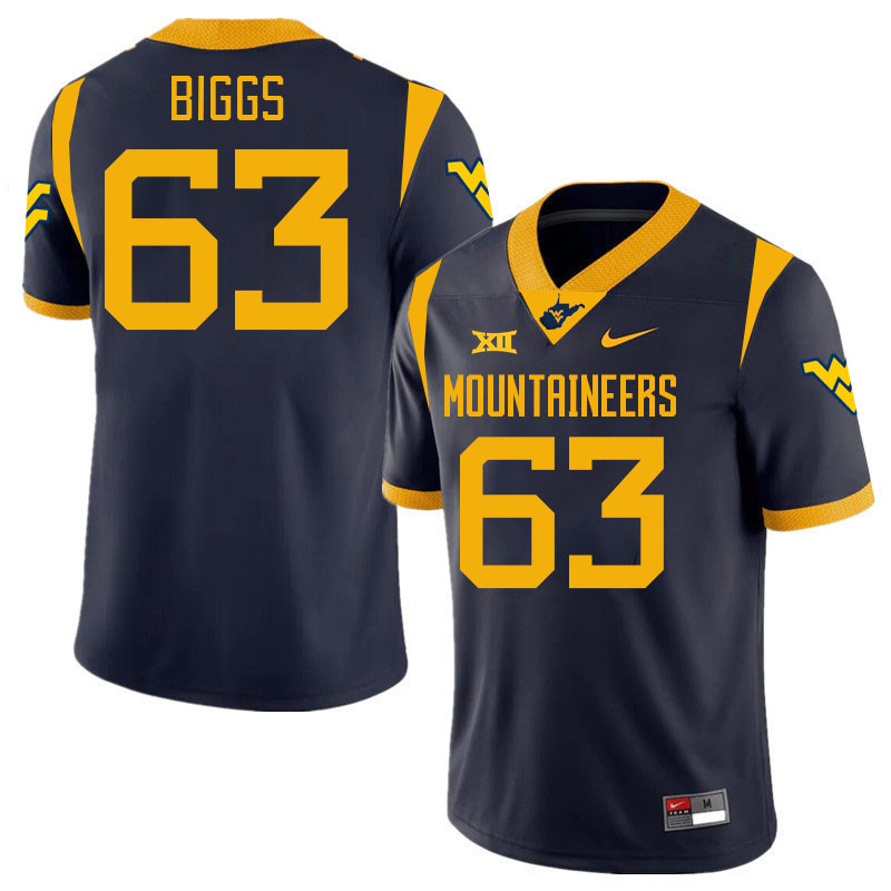 #63 Bryce Biggs West Virginia Mountaineers College 2024 New Uniforms Football Jerseys Stitched Sale-Navy